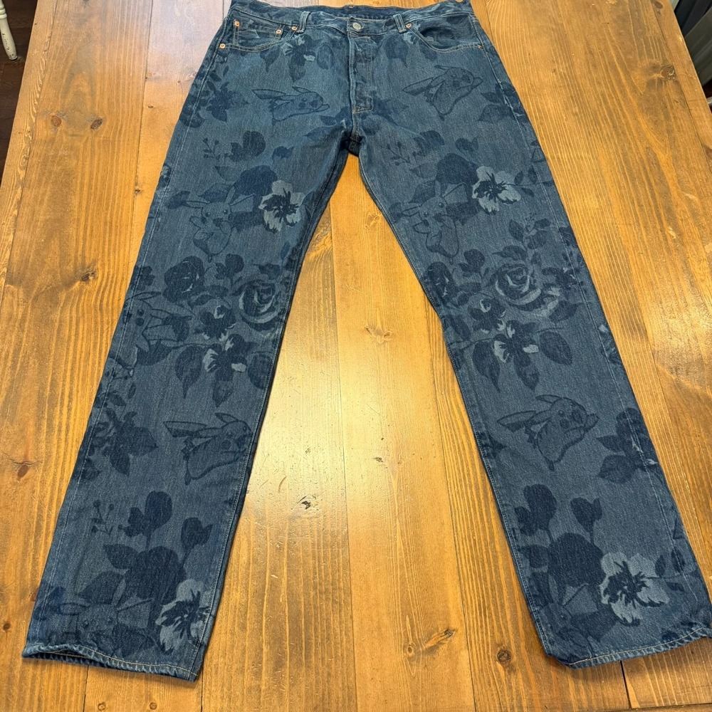 Levis x Pokemon 501 Jeans 36x34 Straight Leg Denim Pikachu Floral AOP